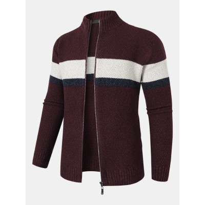 Men Color Block Striped Full Zipper Stand Collar Cardigans