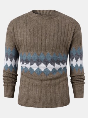 Mens Vintage Argyle Pattern Rib  Knit Cotton Long Sleeve Pullover Sweaters