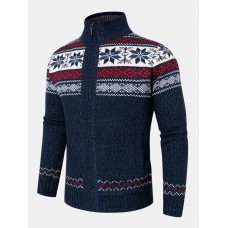 Mens Geometric Graphics Knitted Fleece Lined Warm Sweater Cardigans