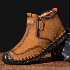 Men’s Leather Casual Soft Non  Slip Wear Resistant Side Zipper Hand Stitching Flat Boots