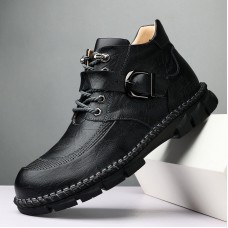 Men Cowhide Leather Buckle Decor Hand Stitching Casual Ankle Boots