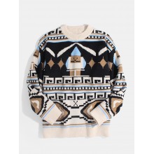 Mens Tribal Print Ethnic Style Knitted Round Neck Loose Casual Pullover Sweater