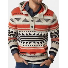 Mens Vintage Tribal Geometric Pattern Knitted Half Button Front Hoodie Sweaters