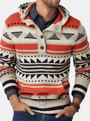 Mens Vintage Tribal Geometric Pattern Knitted Half Button Front Hoodie Sweaters
