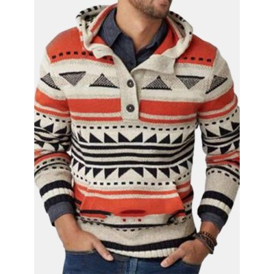 Mens Vintage Tribal Geometric Pattern Knitted Half Button Front Hoodie Sweaters