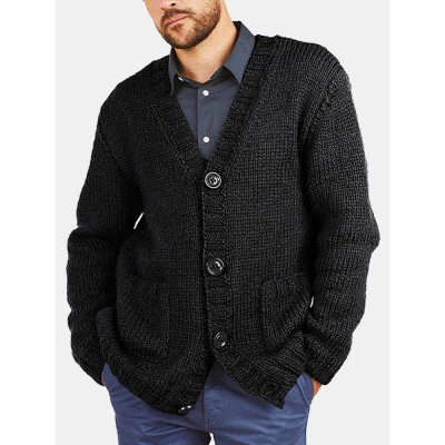 Men Vintage Knit Button V  Neck Double Pockets Casual Cardigans