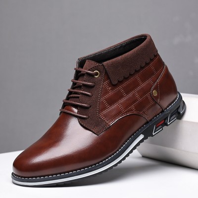 Men’s Faux Leather Business Casual Lace  Up Round Toe Oversized Flat Boots